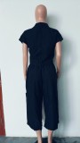 Black Fashion Loose Lapel Top Wide Leg Overalls Two-Piece Set