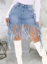 Fashionable Washed Denim Fringed High Waist Skirt