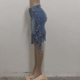 Fashionable Washed Denim Fringed High Waist Skirt