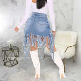 Fashionable Washed Denim Fringed High Waist Skirt