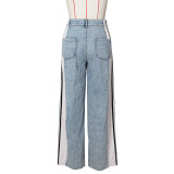 Stylish Patchwork Three-stripe Wide-leg Stretch Straight Jeans