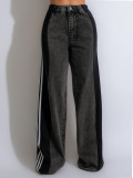 Stylish Patchwork Three-stripe Wide-leg Stretch Straight Jeans
