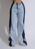 Stylish Patchwork Three-stripe Wide-leg Stretch Straight Jeans