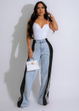 Stylish Patchwork Three-stripe Wide-leg Stretch Straight Jeans