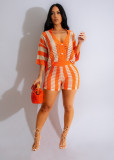 Sexy Hollow See-through Lapel Knitted Shorts Suit