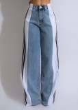 Stylish Patchwork Three-stripe Wide-leg Stretch Straight Jeans