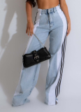 Stylish Patchwork Three-stripe Wide-leg Stretch Straight Jeans