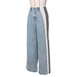 Stylish Patchwork Three-stripe Wide-leg Stretch Straight Jeans