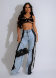 Stylish Patchwork Three-stripe Wide-leg Stretch Straight Jeans