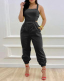 Fashionable Bow Strap Pockets and Leaky Back Jumpsuit