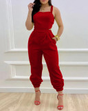 Fashionable Bow Strap Pockets and Leaky Back Jumpsuit