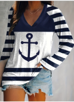 Fashionable V-neck Navy Stripe Printed Long-sleeved T-shirt
