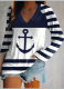 Fashionable V-neck Navy Stripe Printed Long-sleeved T-shirt