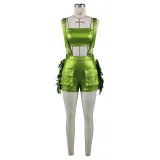 Sexy Metallic Chest-wrapped Tassel Suspender Shorts Set