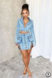 Autumn Stretch Washed Button Zipper Denim Skirt Suit