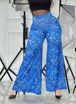 Fashionable Imitation Denim Printed Loose Wide Leg Pants