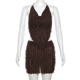 Sexy Halter Neck Strappy Vest Pleated Backless Skirt Suit