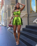 Sexy Metallic Chest-wrapped Tassel Suspender Shorts Set