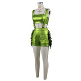 Sexy Metallic Chest-wrapped Tassel Suspender Shorts Set