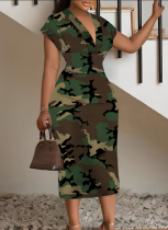 Fashionable V-neck Camouflage Random Print Sleeveless Dress