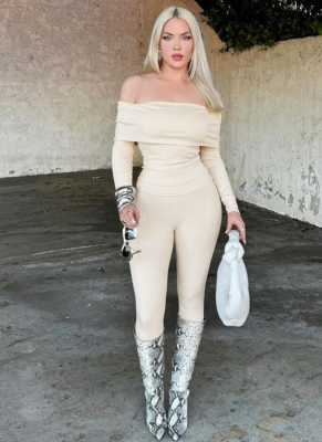 Fashionable Ribbed Long-sleeved One-shoulder Slim Fit Two-piece Set