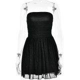 Fashionable Strapless Off-shoulder Fine Glitter Mesh Patchwork Dress