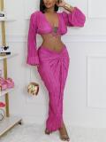 Fashionable Long-sleeved V-neck Strappy High-waisted Slimming Slit Skirt Suit
