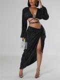 Fashionable Long-sleeved V-neck Strappy High-waisted Slimming Slit Skirt Suit