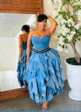 Fashionable and Sexy Tube Top Gradient Pleated Skirt Suit