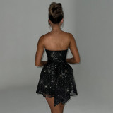 Fashionable Strapless Off-shoulder Fine Glitter Mesh Patchwork Dress