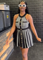Fashionable Houndstooth Halterneck A-line Dress