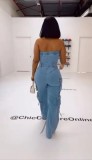 Fashionable Tube Top Multi-pocket Workwear Denim Jumpsuit