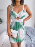 Sexy Contrast Striped High-waisted Knitted Strap Hip-hugging Dress