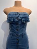 Fashionable Tube Top Multi-pocket Workwear Denim Jumpsuit