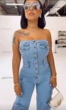 Fashionable Tube Top Multi-pocket Workwear Denim Jumpsuit