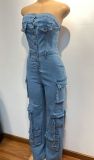 Fashionable Tube Top Multi-pocket Workwear Denim Jumpsuit