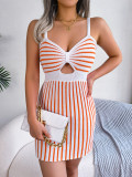 Sexy Contrast Striped High-waisted Knitted Strap Hip-hugging Dress