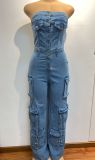 Fashionable Tube Top Multi-pocket Workwear Denim Jumpsuit