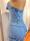 Fashionable Tube Top Multi-pocket Workwear Denim Jumpsuit