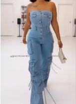 Fashionable Tube Top Multi-pocket Workwear Denim Jumpsuit