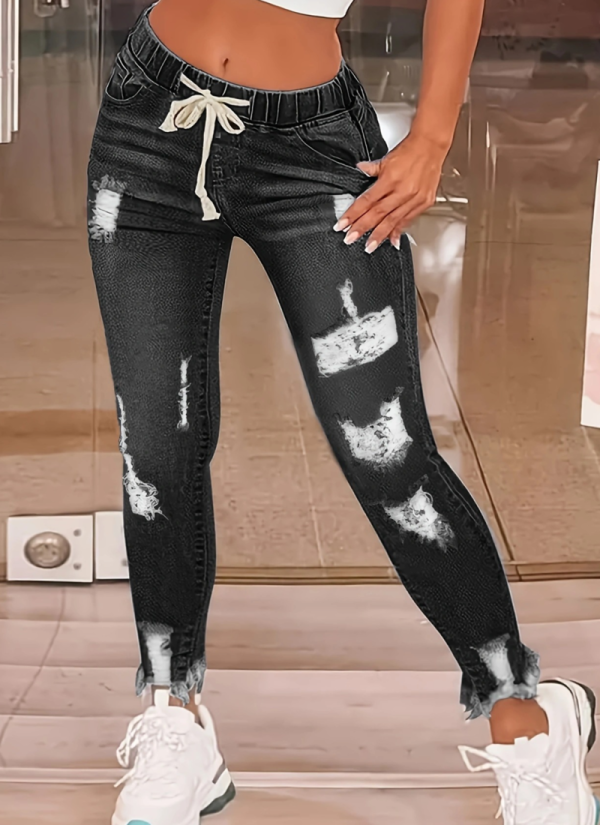 Fashionable Ripped Drawstring Washed Skinny Jeans