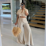 Stylish Striped Shirt High Waist Drawstring Wide Leg Pants Two Piece Set