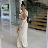 Stylish Striped Shirt High Waist Drawstring Wide Leg Pants Two Piece Set