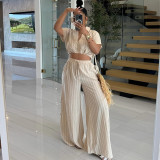 Stylish Striped Shirt High Waist Drawstring Wide Leg Pants Two Piece Set