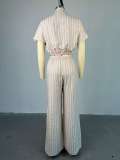 Stylish Striped Shirt High Waist Drawstring Wide Leg Pants Two Piece Set