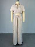 Stylish Striped Shirt High Waist Drawstring Wide Leg Pants Two Piece Set