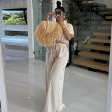 Stylish Striped Shirt High Waist Drawstring Wide Leg Pants Two Piece Set