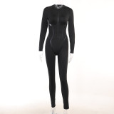 Fashionable Sports Leather Webbing Zipper Tight Hip Jumpsuit