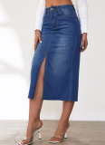 Retro Non-Stretch Long Slit Denim Skirt