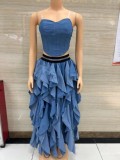 Fashionable and Sexy Tube Top Gradient Pleated Skirt Suit